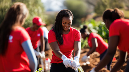 A group of people in red shirts and white gloves are engaged in gardening activity. The background is a lush green landscape with trees and shrubs.の素材
