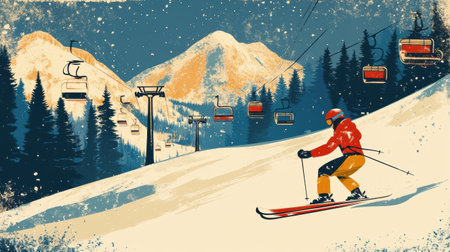 A stylized illustration of a ski resort scene. The main subject is a person skiing downhill on a snowy slope. The person is wearing a red jacket, yellow pants, and a red helmet.の素材