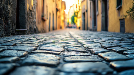A closeup shot of a cobblestone street leading to a narrow alleyway. The scene is bathed in the warm glow of the setting or rising sun, casting long shadows on the cobblestones.の素材