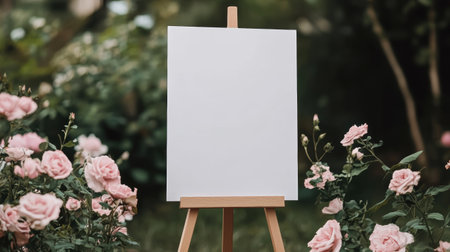 A closeup of a wooden easel holding a blank white canvas. The easel is set against a backdrop of lush greenery and blooming pink roses.の素材