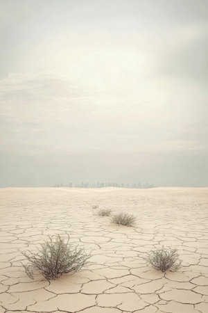 A photograph of a barren landscape with a city skyline in the distance. The sky is overcast with a few clouds, and the ground is cracked with sparse vegetation.の素材