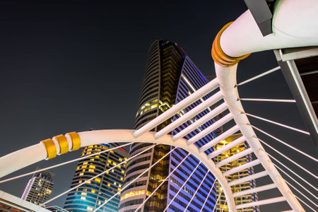 Chong Nonsi Skywalk at Bangkok Skytrain station on Silom Line, Modern skywalk in business area in...