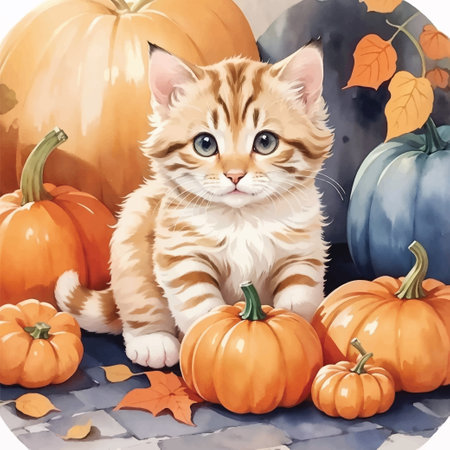 Cute cat in the pumpkin garden on Halloweenの素材