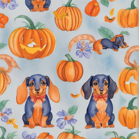 Dachshund with Halloween pumpkin,  watercolor illustration, patternの素材