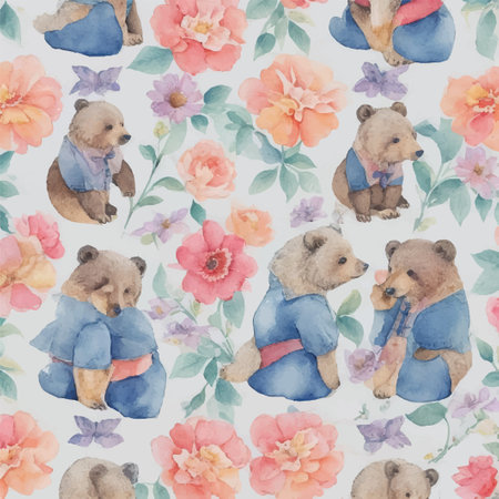 Cute bear with sweet flowers, fabric patternの素材