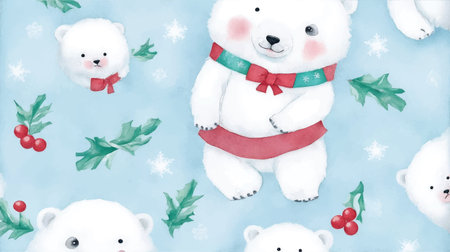Cute Polar bear and Christmas snow, Blue background, wallpaper 16:9の素材