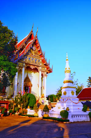 30 July 2020 ,White stupa in front of the ordination hall of Wat Pho Chai,Mueang Nong Khai Municipality, Thailandのeditorial素材