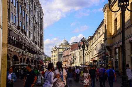 People walking down the famous Arbat street in the historical center of Moscow , Russiaのeditorial素材