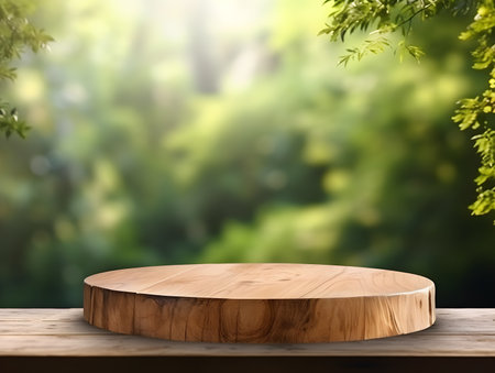 Empty wood podium for product display on wooden floor in blurred nature 
green tree plants background, generative AIの素材
