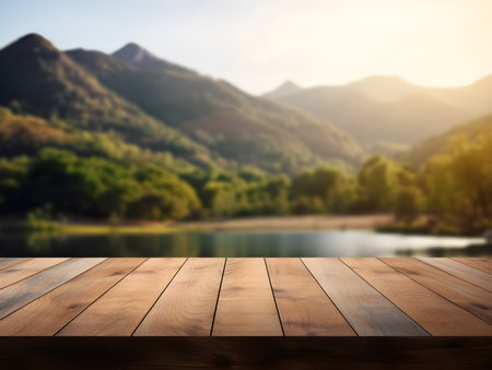 Wood floor texture table for product display on blurred river and mountain nature background with soft light, generative aiの素材