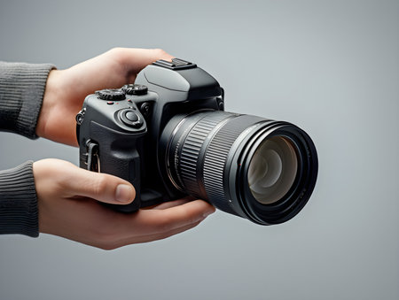 Close-up of photographer's hand holding a camera isolated on clean background, generative AIの素材