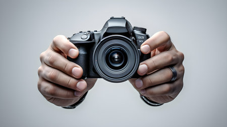 Close-up of photographer's hand holding a camera isolated on clean background, generative AIの素材