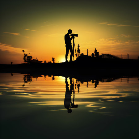 Silhouette of the photographer with camera in the reflection on the water of the beautiful sunset sky background. Generative AIの素材