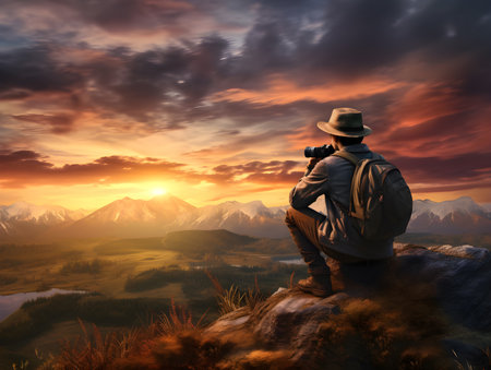 Photographer with camera and tripod capturing beautiful scenery of nature Greenery, mountains, trees and sunset sky. generative AIの素材