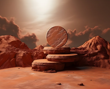 Round stone podium and pedestal stand platform for display product in desert with rock mountain on mars, 3d render illustration, Generative AIの素材