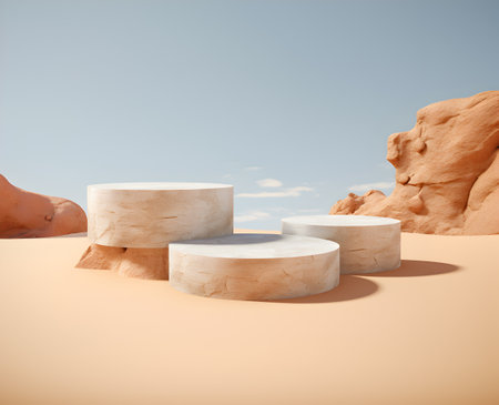 Empty white stone round podium and pedestal stand platform for display product in desert with sand rock mountain, 3d render illustration, Generative AIの素材
