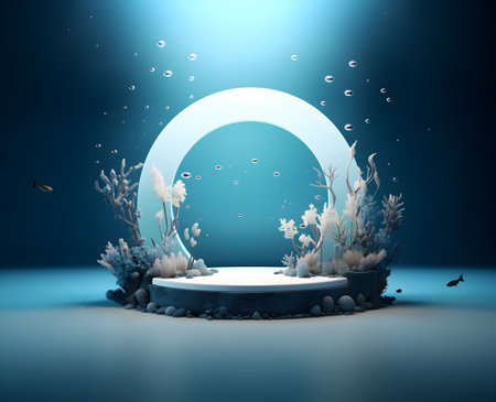 Round podium and pedestal stand platform for display product in deep blue underwater with natural coral, 3d render illustration, Generative AIの素材