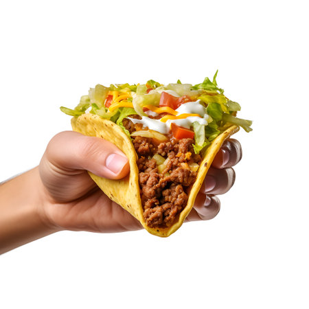 Hand holding taco with meat and vegetables isolated on a white background.の素材