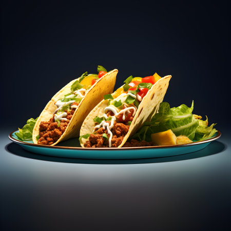 Mexican tacos with meat, cheese and vegetables on a dark backgroundの素材