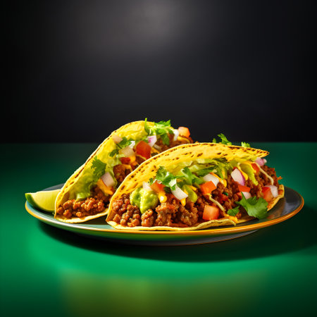 Mexican tacos with beef, guacamole and vegetables on black backgroundの素材