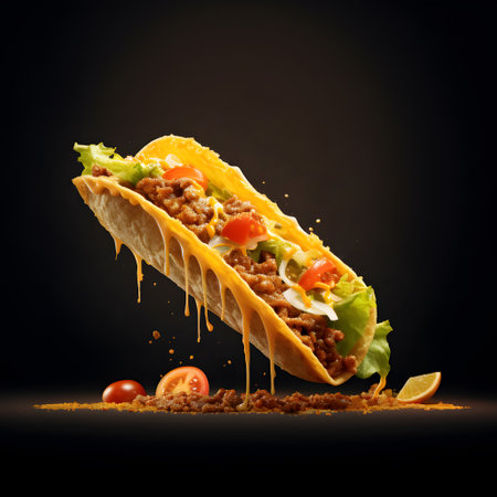 Tacos with meat, cheese and vegetables on a black backgroundの素材