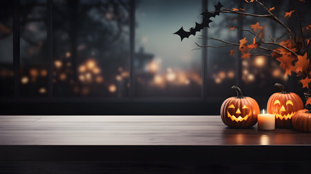 Halloween background with empty wooden table, pumpkins and bats.の素材
