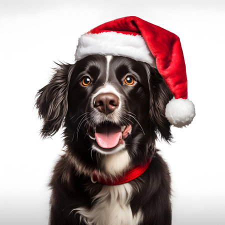 Cute black and white border collie dog wearing Santa Claus hatの素材