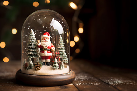 Snow globe with Santa Claus and Christmas tree on a wooden background.の素材