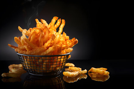 Basket of seasonead curly fries on a isolated black studio background, Fresh French fries with hot steam, Delicious fast food with a copy spaceの素材