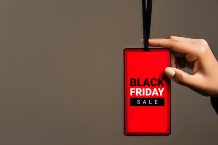 Red sale tag in hand with Black friday text on grey background, Price label sign, Cyber monday promotion banner with copy spaceの素材
