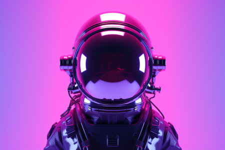Astronaut in space suit and helmet isolated on pink background with neon lights, UV blacklightの素材
