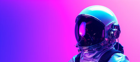 Astronaut in space suit and helmet isolated on pink background with neon lights, UV blacklightの素材