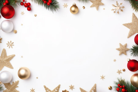 Christmas background theme decoration frame with Xmas bauble ornament, fir branches, star, snowflakes on white with copy space, Greeting card template design, Top viewの素材