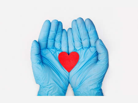 Hands in medical gloves holding a red heart shape model on white background. cardiology. organ donation or healthy heart conceptの写真素材
