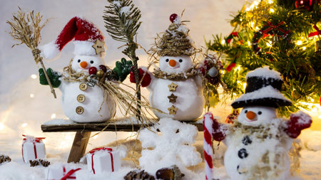 Happy family snowmen are standing in winter on a Christmas tree background.の写真素材