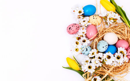 Happy Easter. Colorful Painted Easter eggs on gray Background.