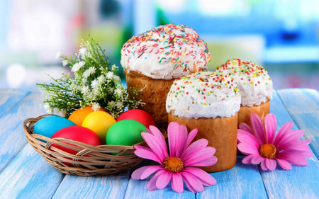Festive decoration. The Colorful Painted Easter eggs on a table.