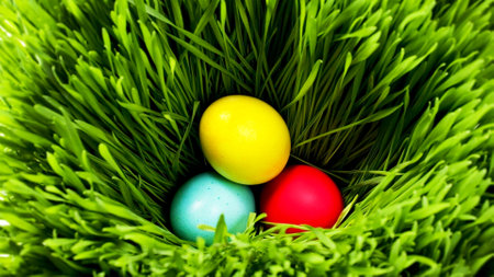 Festive decoration. Easter Eggs with Fresh Green Grass over a Green backgroundの写真素材