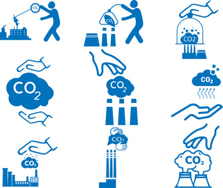 Hands capture co2 cloud icon set, capture co2 gas icon set blue vectorのイラスト素材