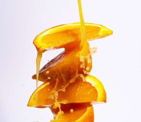Orange slices with orange juice splashの写真素材