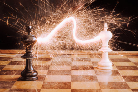 Chess game with kings battle lightningの写真素材