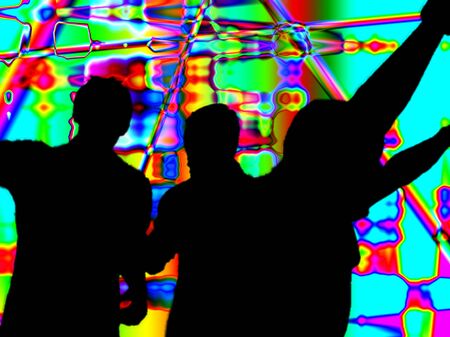 Illustrated silhouette of dancers against a psychedelic backgroundの写真素材
