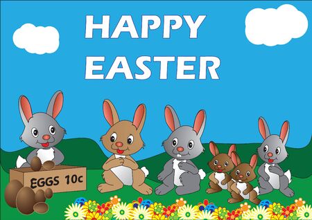 Vector illustration of rabbits lining up to buy Easter eggsのイラスト素材