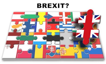 Jigsaw puzzle made up of European Union member state flags with the United Kingdom as the last pieceの写真素材