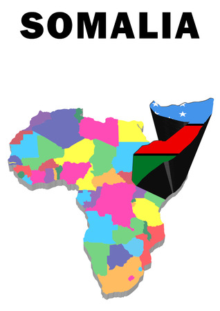 Outline map of Africa with Somalia raised and highlighted with the national flagの写真素材