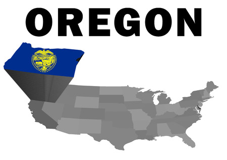 Outline map of the United States with the state of Oregon raised and highlighted with the state flagの写真素材