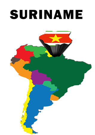 Outline map of South America with Suriname raised and highlighted with the national flagの写真素材