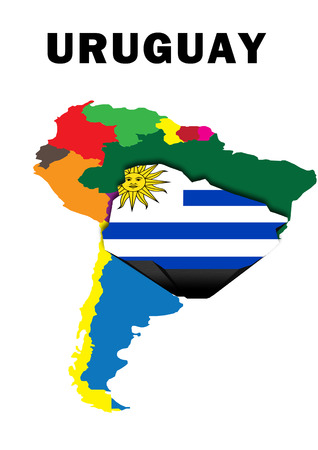 Outline map of South America with Uruguay raised and highlighted with the national flagの写真素材