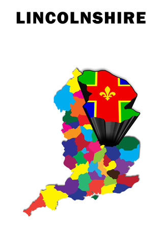 Outline map of England with Lincolnshire raised and highlighted with the county flagの写真素材