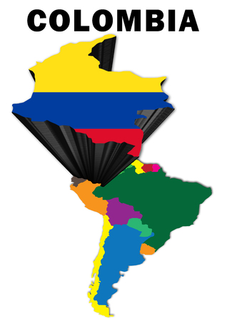 Outline map of South America with Colombia raised and highlighted with the national flagの写真素材